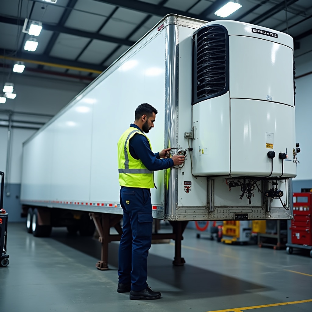 Technician performing maintenance on refrigerated trailer unit