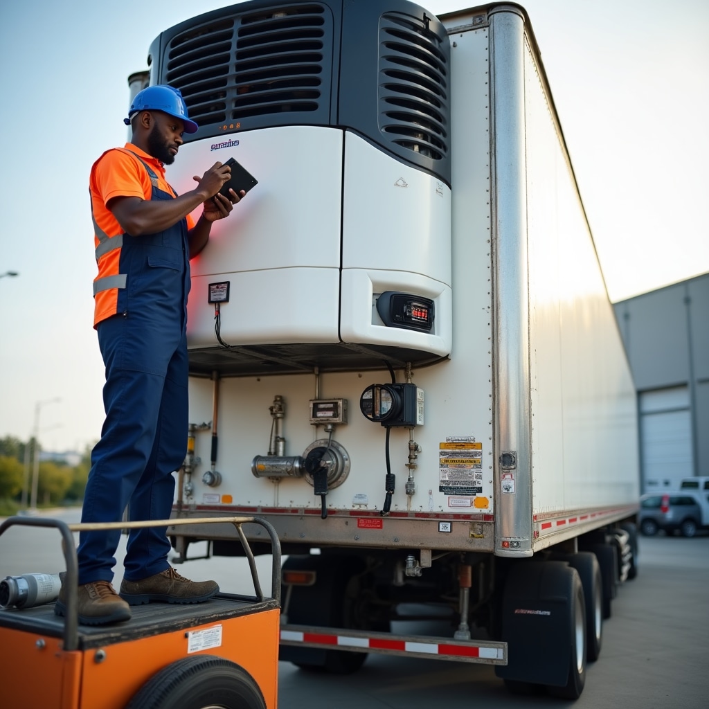 Technician inspecting refrigerated transport equipment